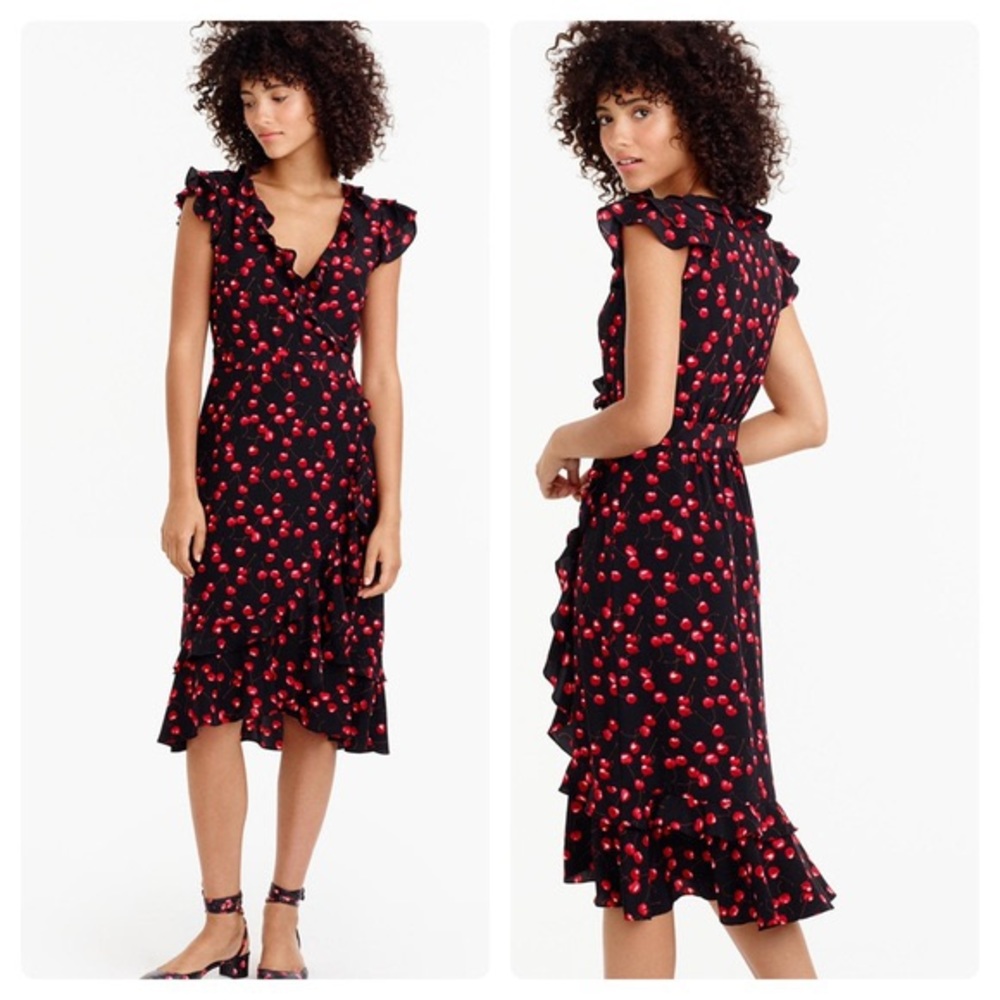 J Crew Cherry Silk Faux Wrap Dress with Ruffles 4